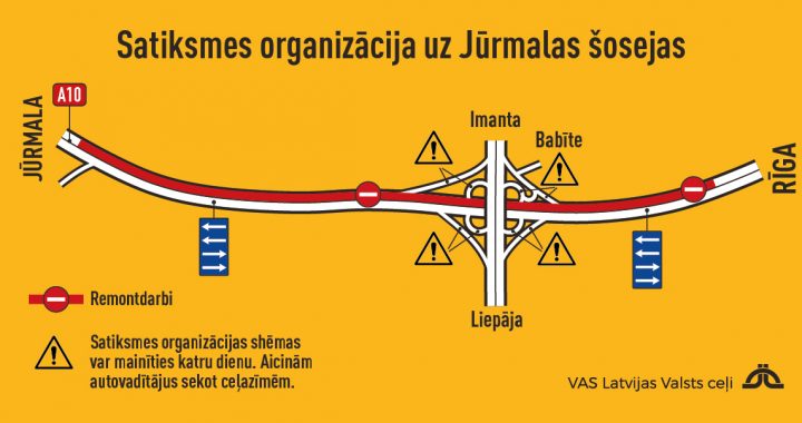 Autobraucēju ievērībai: Satiksme uz Jūrmalas šosejas tiek pārslēgta uz vienu brauktuvi pa divām joslām katrā virzienā