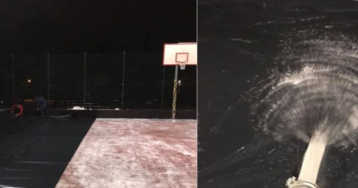 Jaunpilī basketbola laukums pārtop slidotavā