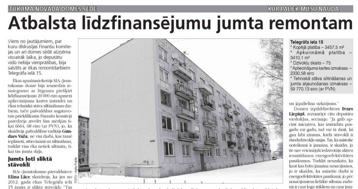 Atbalsta līdzfinansējumu Telegrāfa ielas 15. nama jumtam