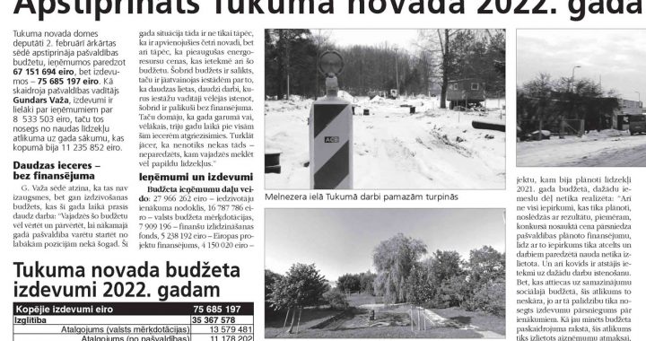 Apstiprināts Tukuma novada 2022. gada budžets
