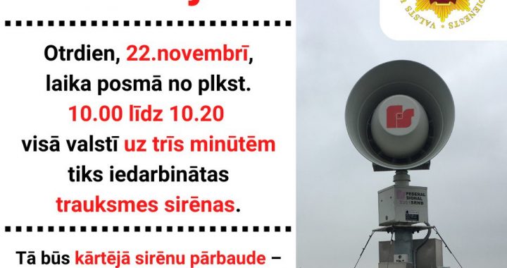 VUGD 22. novembrī veiks trauksmes sirēnu pārbaudi