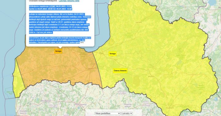 Brīdina par stipru snigšanu, tostarp Tukuma novadā un piekrastē