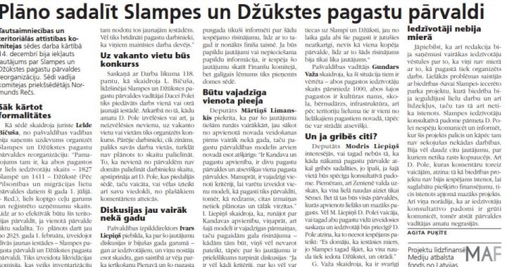 Plāno sadalīt Slampes un Džūkstes pagastu pārvaldi