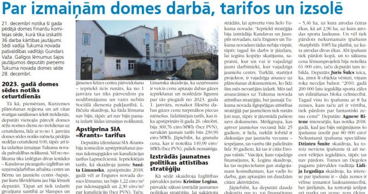 Par izmaiņām domes darbā, tarifos un izsolē