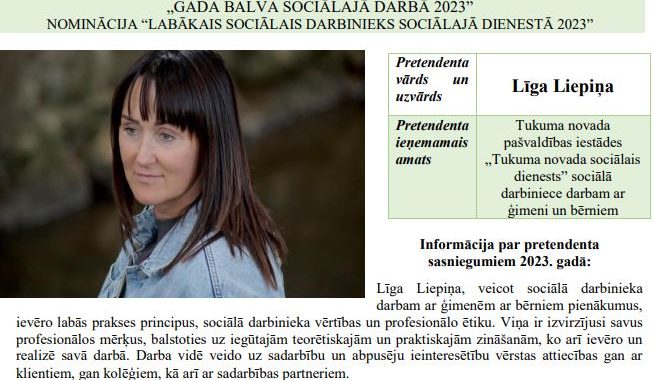 Sākusies balsošana par  «Gada balva sociālajā darbā 2023» nominantiem.  To vidū  arī Tukuma novada pārstāve