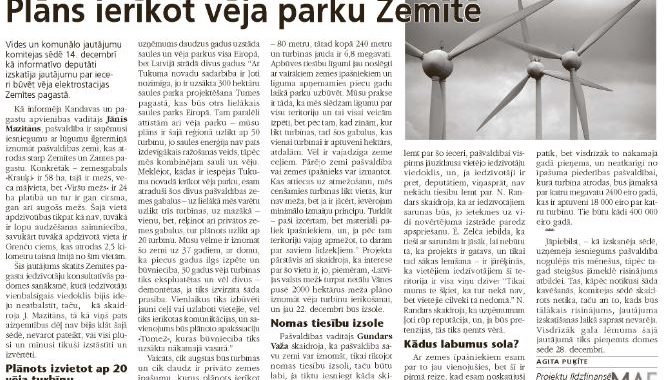 Plāns ierīkot vēja parku Zemītē